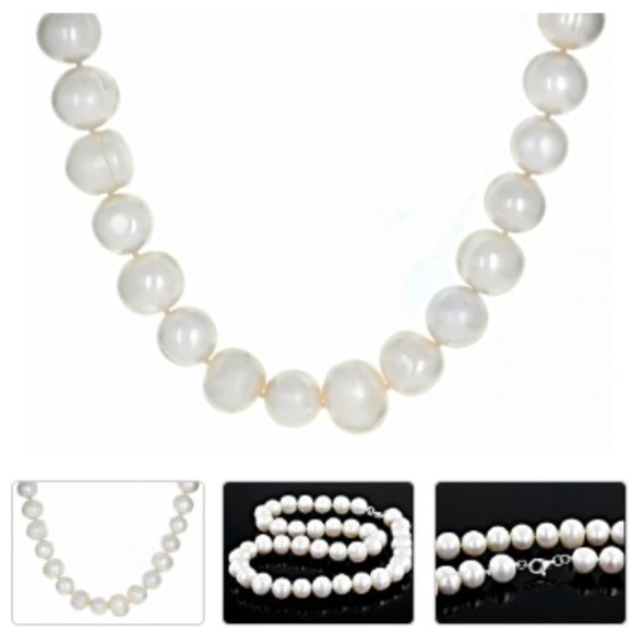 White Cultured Freshwater Pearl Rhodium Over Sterling Silver 20" Strand Necklace - Picture 1 of 3
